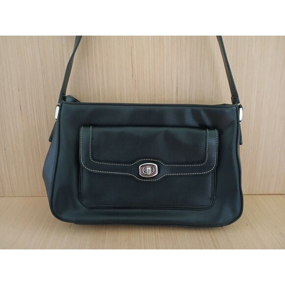 Liz Claiborne Black Shoulder Bag Adjustable Strap Front & Back Pockets - Picture 2 of 15